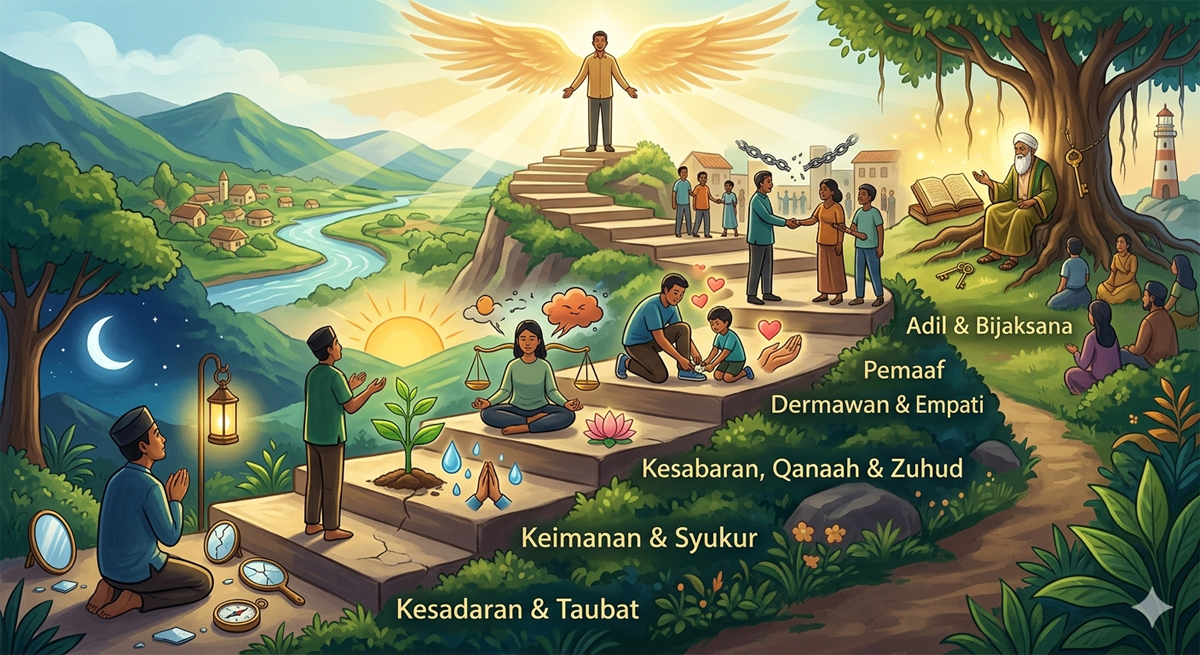 Ilustrasi tangga akhlak mulia (gemini ai)